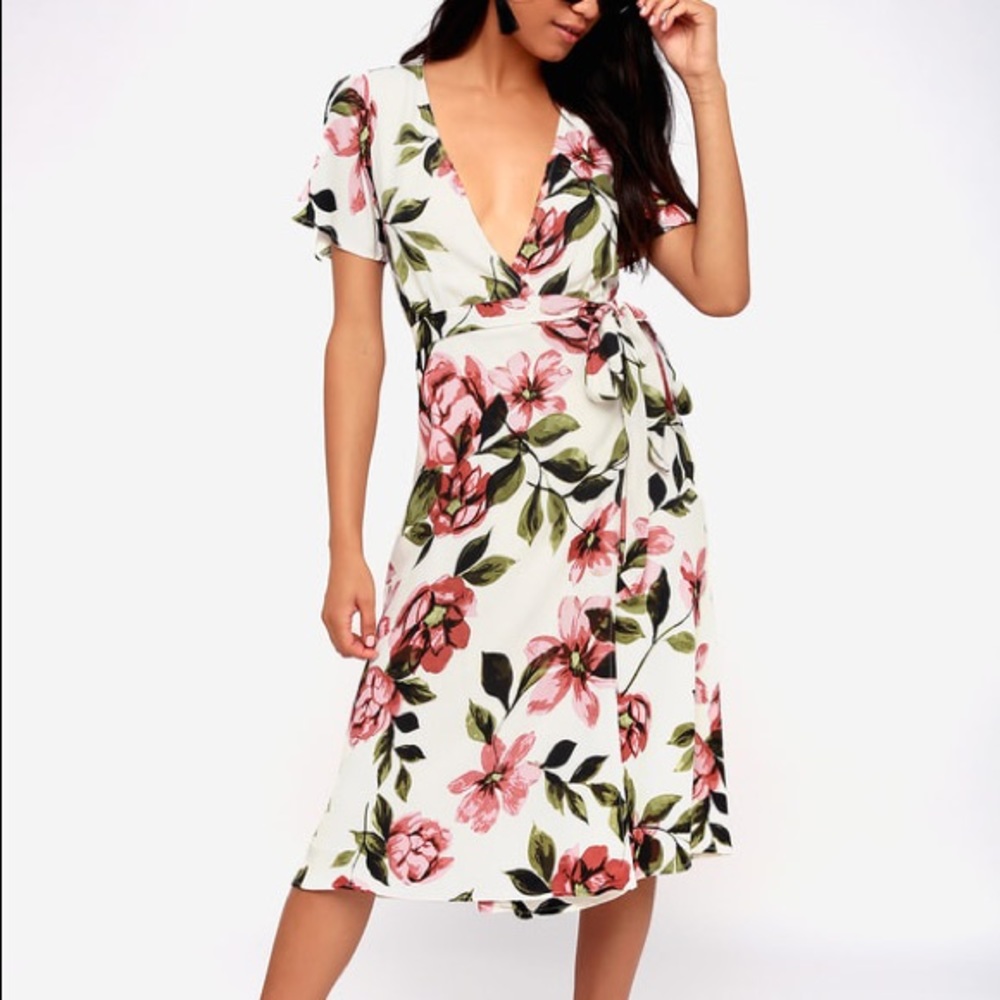 Maretta Cream Floral Print Wrap Midi Dress